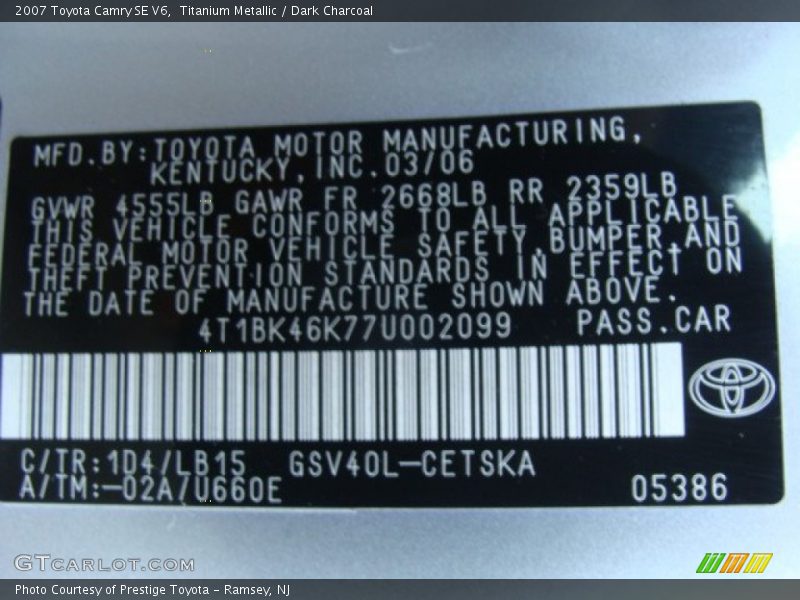 Titanium Metallic / Dark Charcoal 2007 Toyota Camry SE V6
