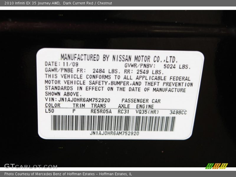 2010 EX 35 Journey AWD Dark Current Red Color Code L50
