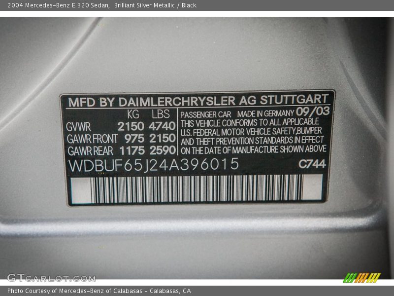 2004 E 320 Sedan Brilliant Silver Metallic Color Code 744