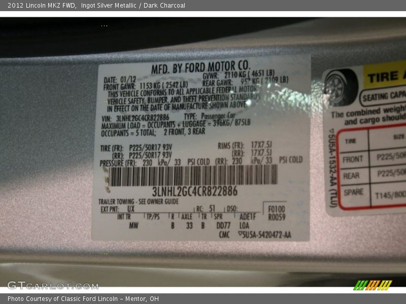 Ingot Silver Metallic / Dark Charcoal 2012 Lincoln MKZ FWD
