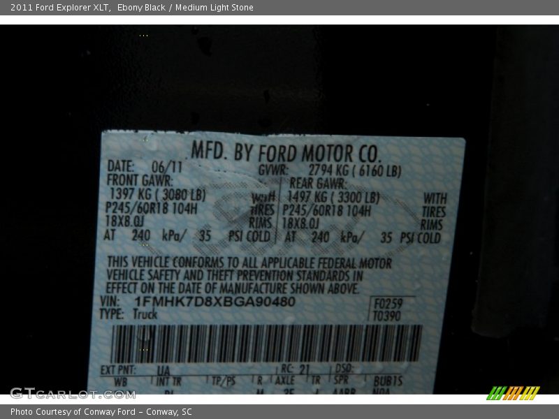 2011 Explorer XLT Ebony Black Color Code UA