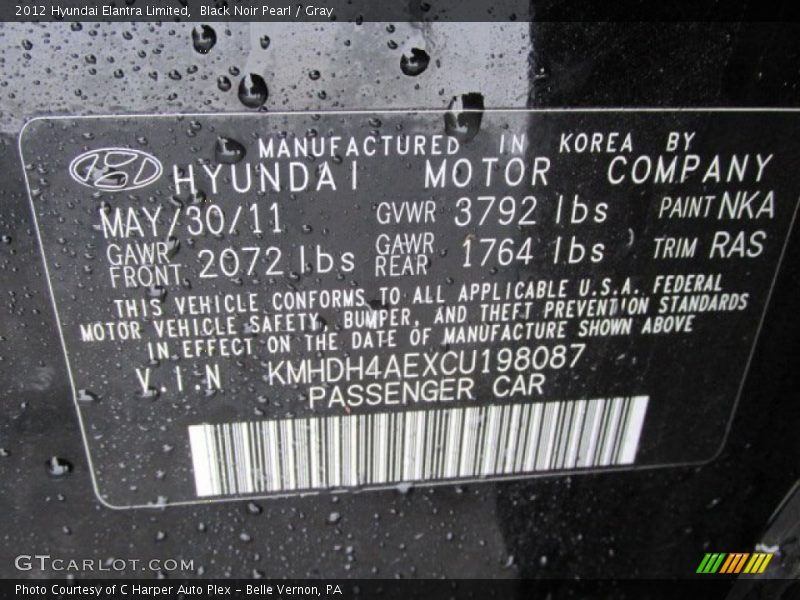Black Noir Pearl / Gray 2012 Hyundai Elantra Limited