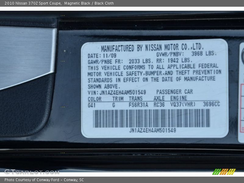 2010 370Z Sport Coupe Magnetic Black Color Code G41