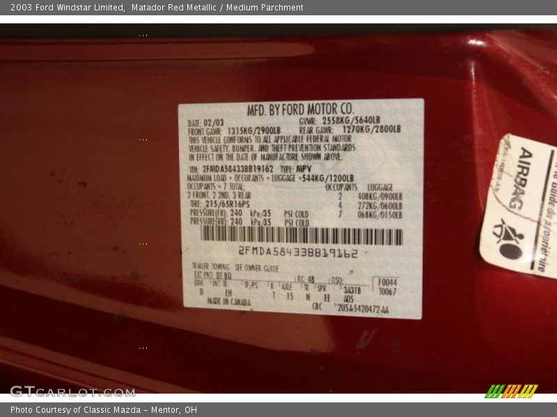 2003 Windstar Limited Matador Red Metallic Color Code DT