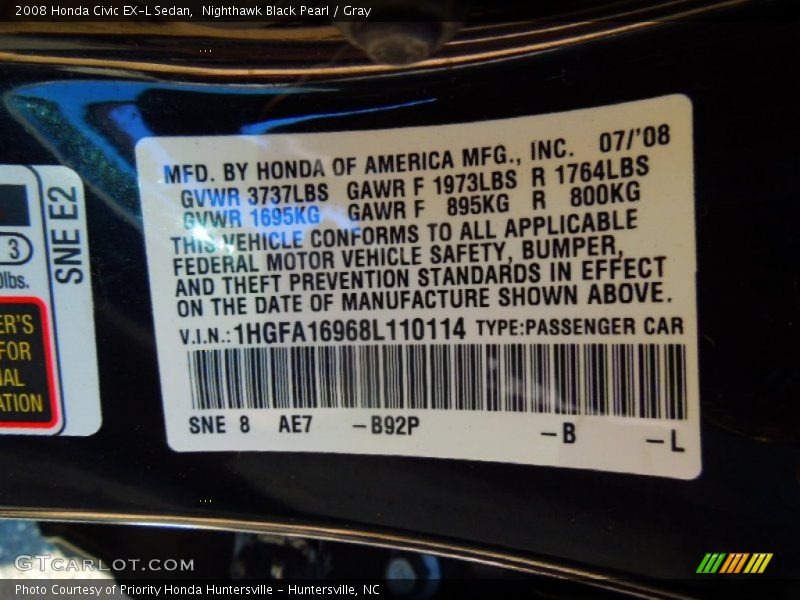 Nighthawk Black Pearl / Gray 2008 Honda Civic EX-L Sedan