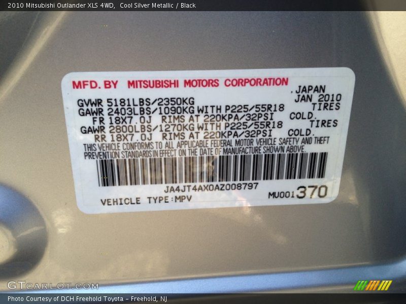 Cool Silver Metallic / Black 2010 Mitsubishi Outlander XLS 4WD