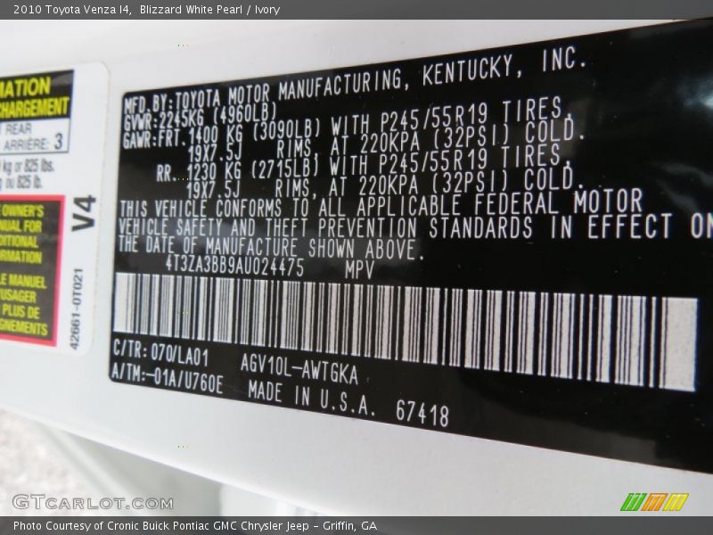 Blizzard White Pearl / Ivory 2010 Toyota Venza I4
