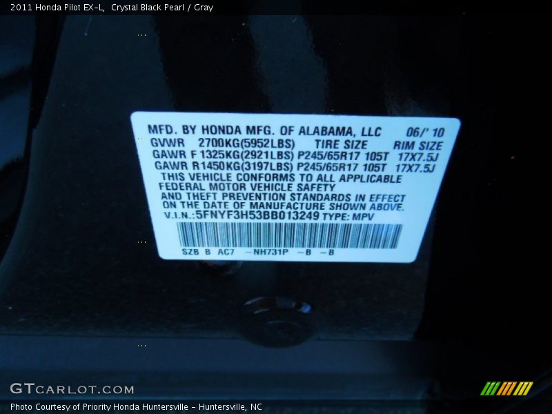 Crystal Black Pearl / Gray 2011 Honda Pilot EX-L
