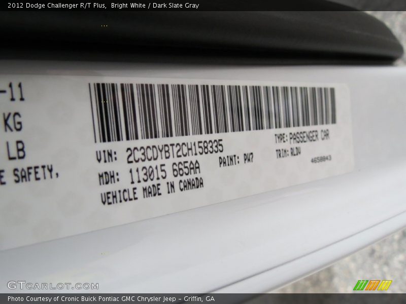 Bright White / Dark Slate Gray 2012 Dodge Challenger R/T Plus
