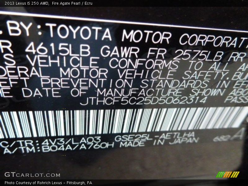 2013 IS 250 AWD Fire Agate Pearl Color Code 4V3