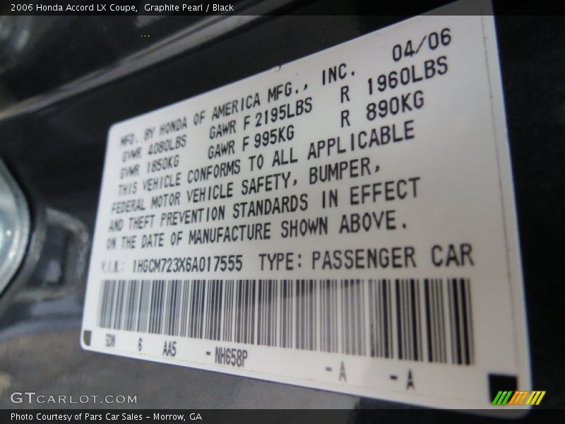 Graphite Pearl / Black 2006 Honda Accord LX Coupe