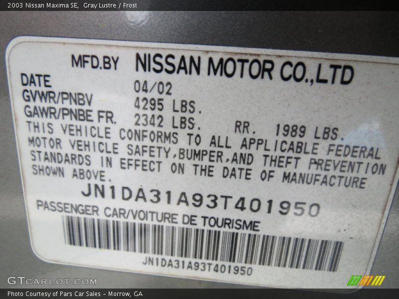 Gray Lustre / Frost 2003 Nissan Maxima SE