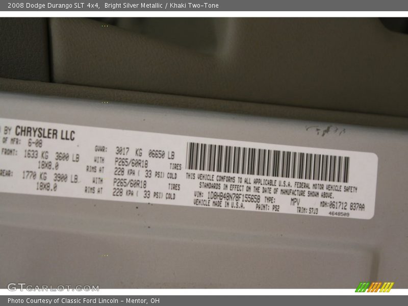 Bright Silver Metallic / Khaki Two-Tone 2008 Dodge Durango SLT 4x4