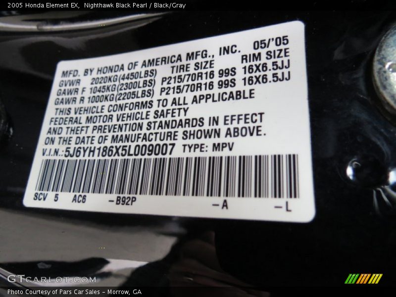 Nighthawk Black Pearl / Black/Gray 2005 Honda Element EX