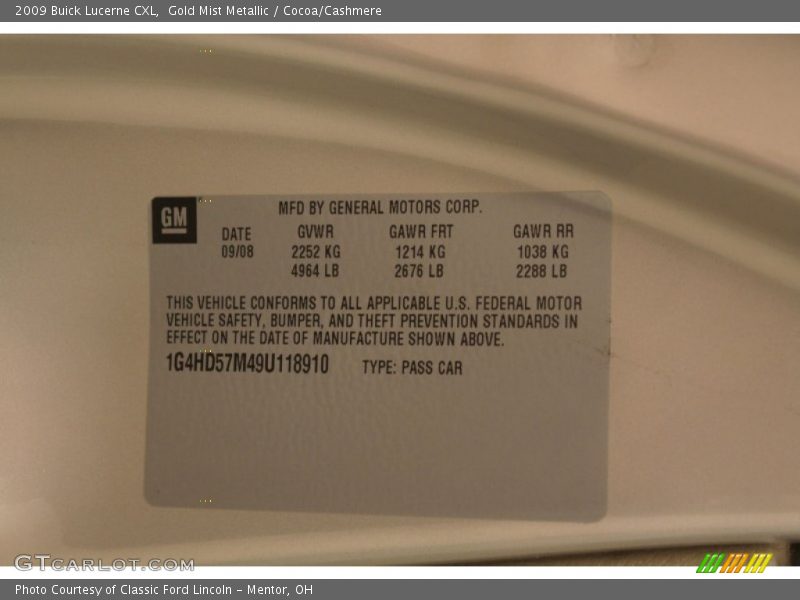 Gold Mist Metallic / Cocoa/Cashmere 2009 Buick Lucerne CXL