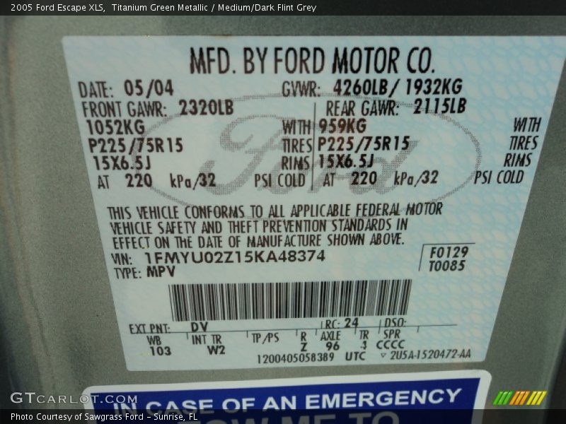 2005 Escape XLS Titanium Green Metallic Color Code DV