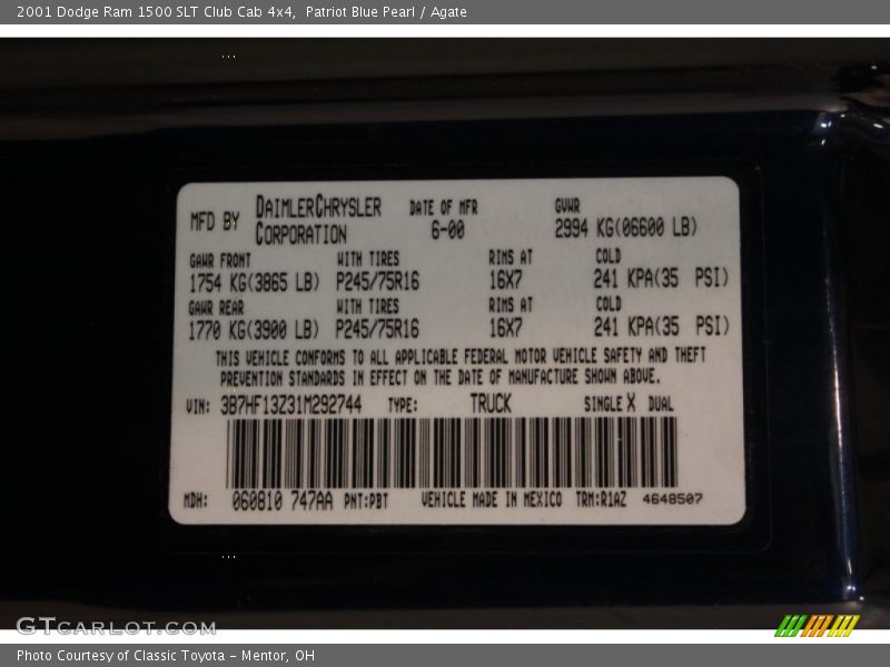 2001 Ram 1500 SLT Club Cab 4x4 Patriot Blue Pearl Color Code PBT