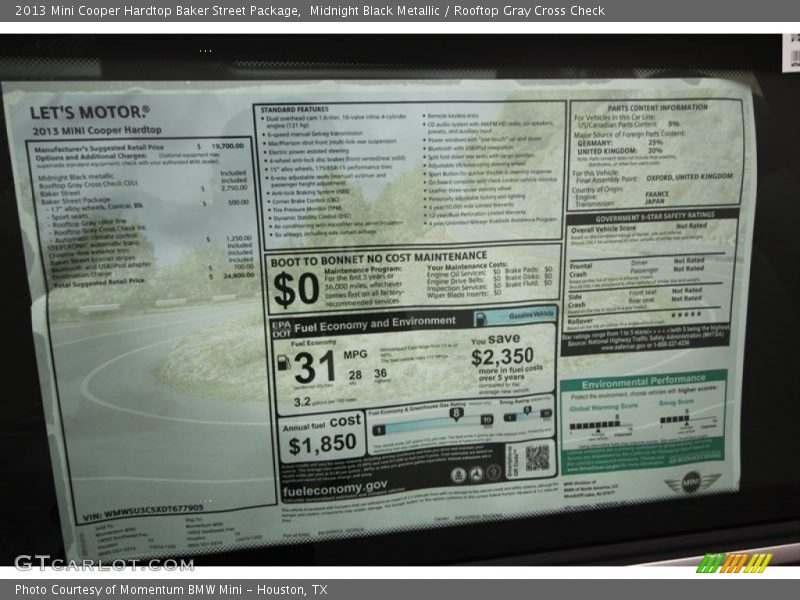  2013 Cooper Hardtop Baker Street Package Window Sticker