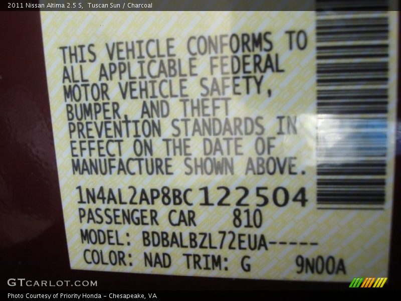 Tuscan Sun / Charcoal 2011 Nissan Altima 2.5 S