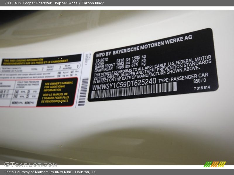 2013 Cooper Roadster Pepper White Color Code 850