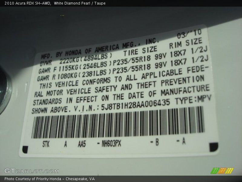 White Diamond Pearl / Taupe 2010 Acura RDX SH-AWD