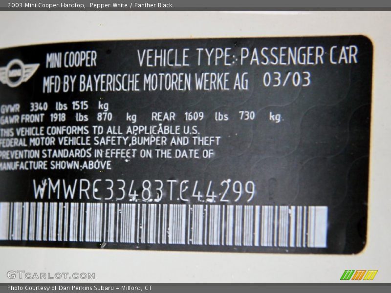 Pepper White / Panther Black 2003 Mini Cooper Hardtop