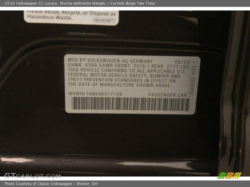 Mocha Anthracite Metallic / Cornsilk Beige Two Tone 2010 Volkswagen CC Luxury