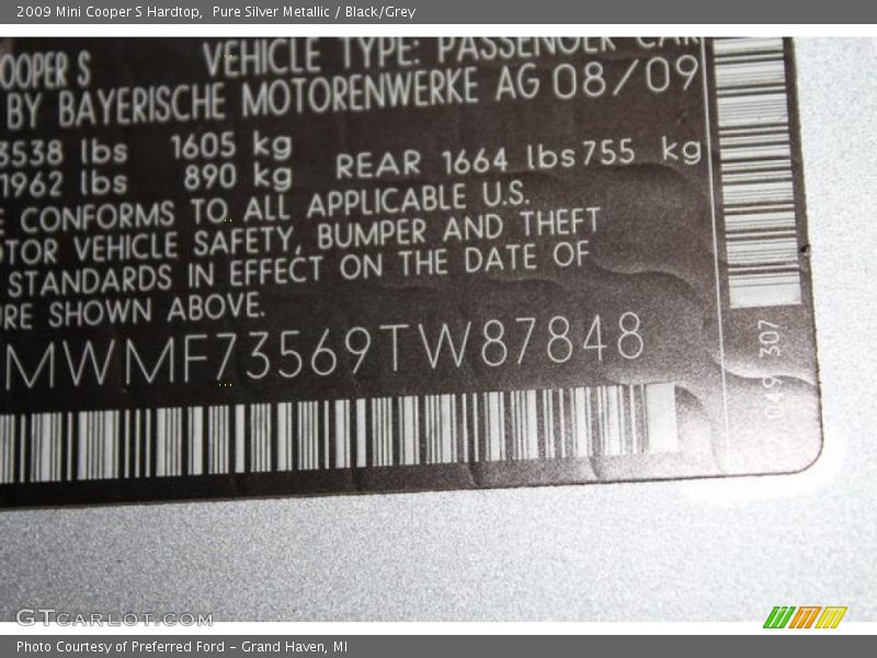 Pure Silver Metallic / Black/Grey 2009 Mini Cooper S Hardtop