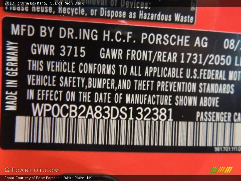 Guards Red / Black 2013 Porsche Boxster S