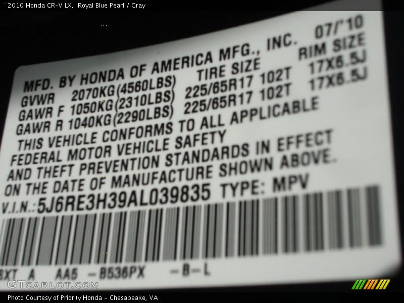 Royal Blue Pearl / Gray 2010 Honda CR-V LX