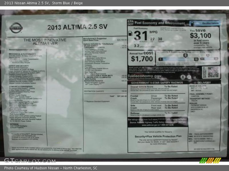  2013 Altima 2.5 SV Window Sticker