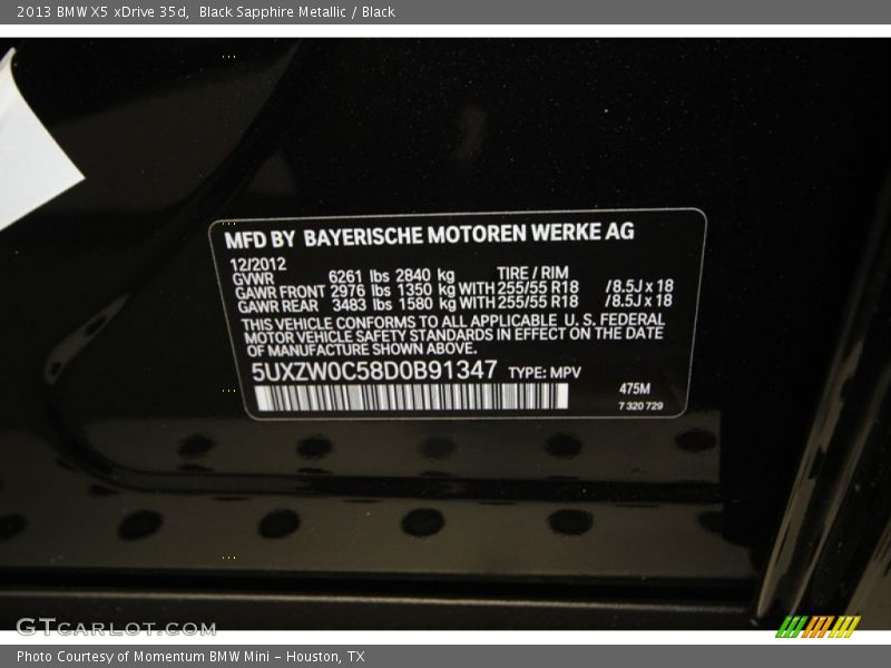 2013 X5 xDrive 35d Black Sapphire Metallic Color Code 475