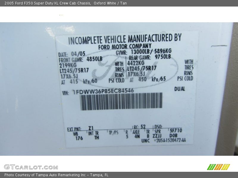 2005 F350 Super Duty XL Crew Cab Chassis Oxford White Color Code Z1