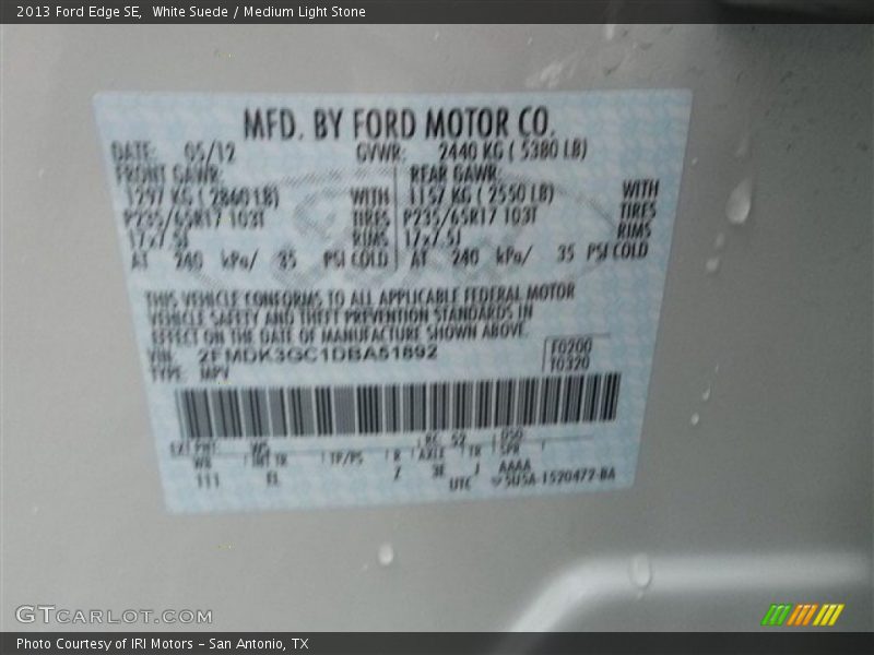 White Suede / Medium Light Stone 2013 Ford Edge SE