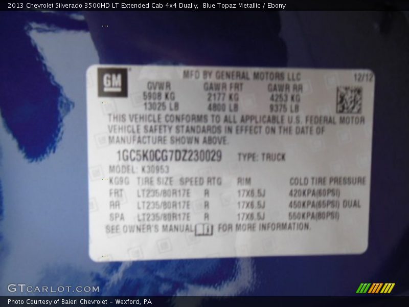 Blue Topaz Metallic / Ebony 2013 Chevrolet Silverado 3500HD LT Extended Cab 4x4 Dually