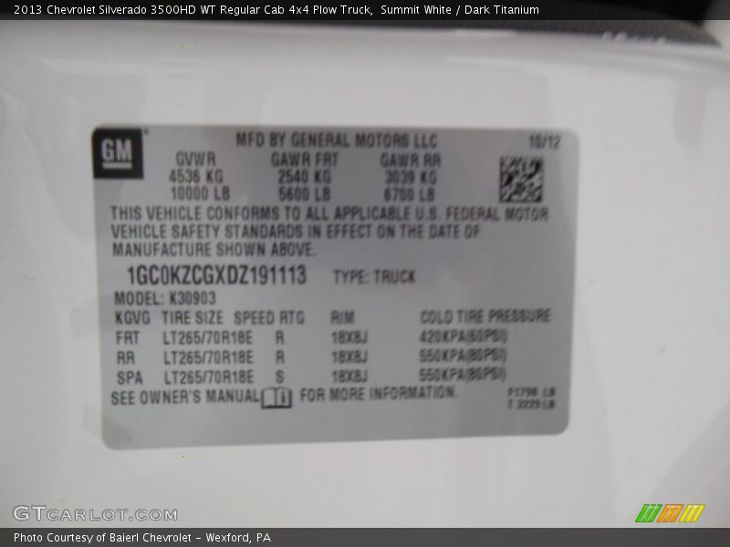 Summit White / Dark Titanium 2013 Chevrolet Silverado 3500HD WT Regular Cab 4x4 Plow Truck
