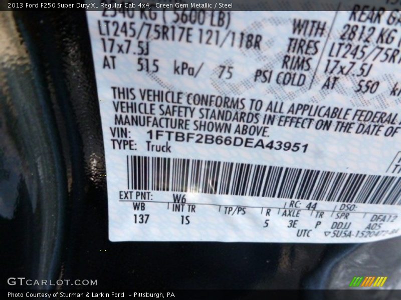 2013 F250 Super Duty XL Regular Cab 4x4 Green Gem Metallic Color Code W6