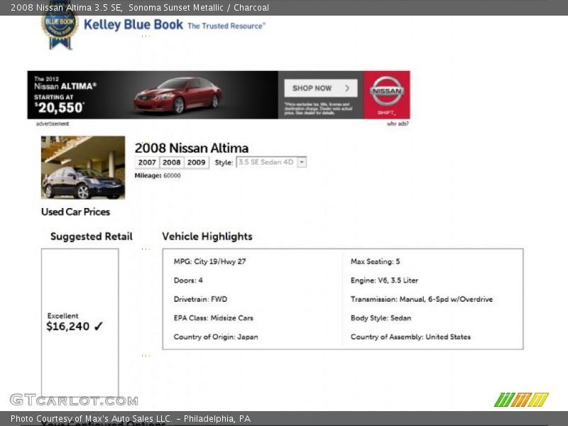 Sonoma Sunset Metallic / Charcoal 2008 Nissan Altima 3.5 SE
