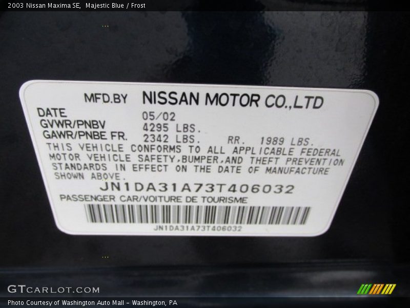Majestic Blue / Frost 2003 Nissan Maxima SE