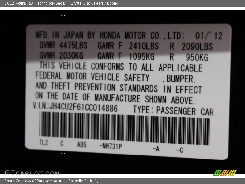 Crystal Black Pearl / Ebony 2012 Acura TSX Technology Sedan