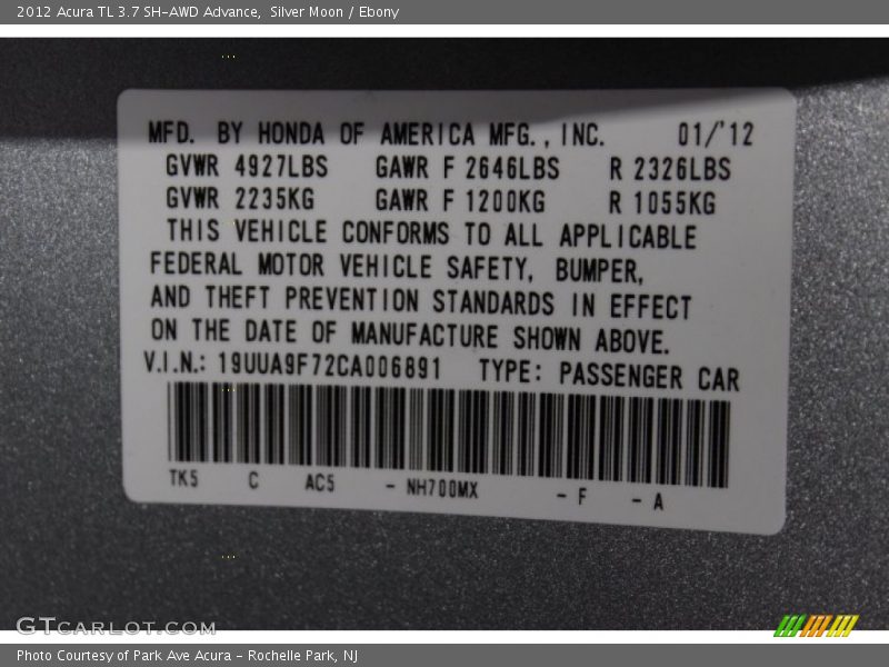 Silver Moon / Ebony 2012 Acura TL 3.7 SH-AWD Advance