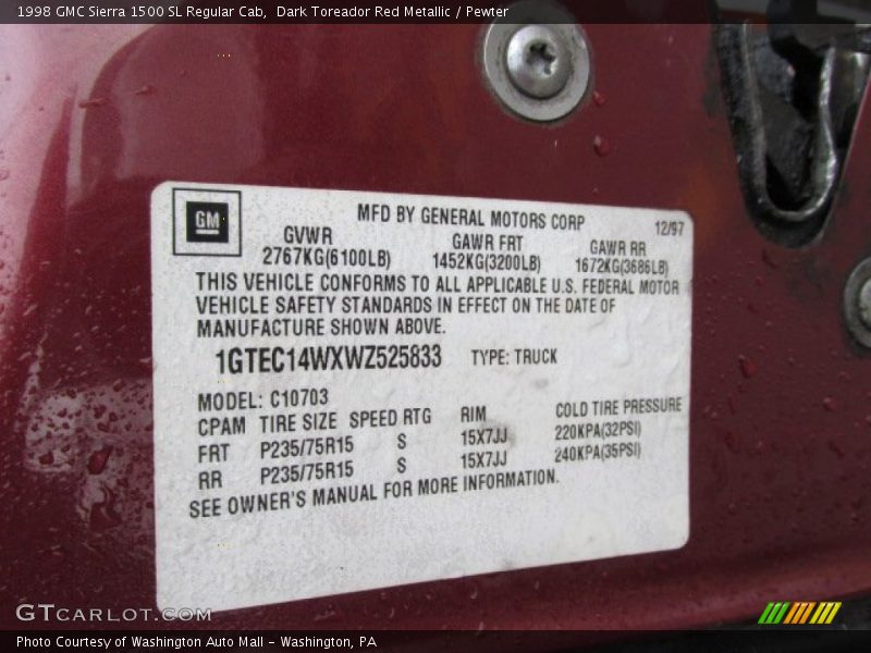 Dark Toreador Red Metallic / Pewter 1998 GMC Sierra 1500 SL Regular Cab