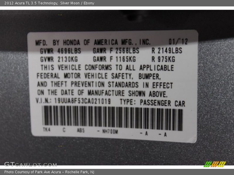 Silver Moon / Ebony 2012 Acura TL 3.5 Technology
