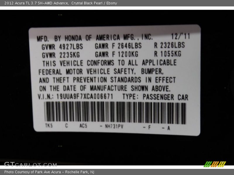 Crystal Black Pearl / Ebony 2012 Acura TL 3.7 SH-AWD Advance