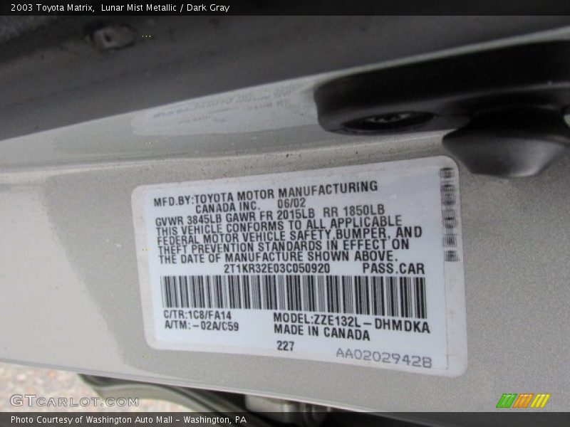 2003 Matrix  Lunar Mist Metallic Color Code 1C8