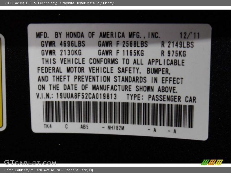 Graphite Luster Metallic / Ebony 2012 Acura TL 3.5 Technology