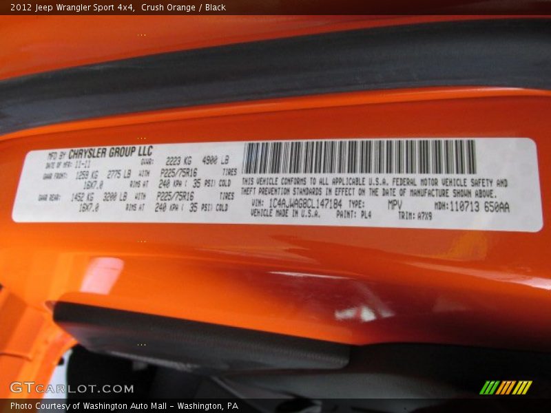 Crush Orange / Black 2012 Jeep Wrangler Sport 4x4