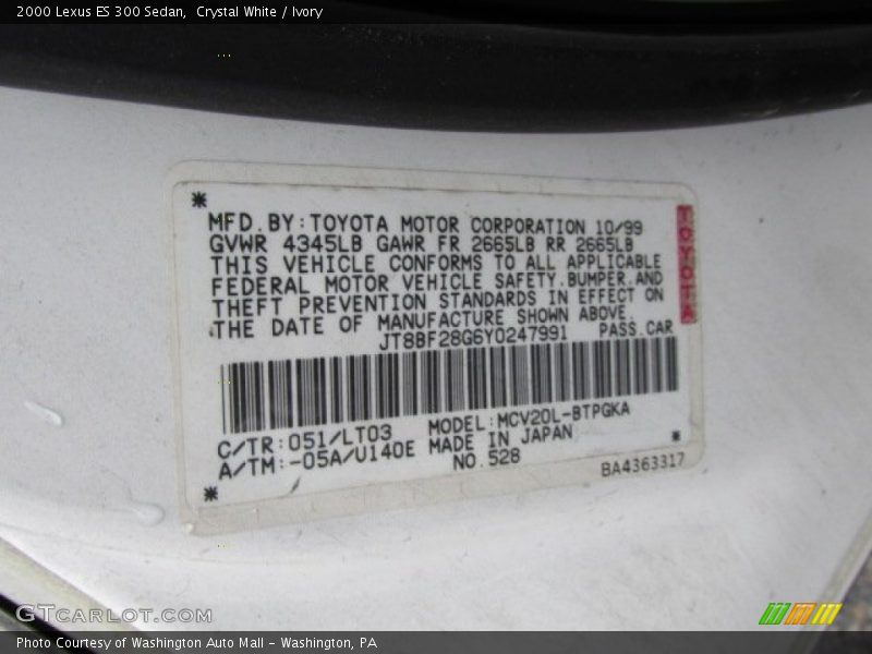 Crystal White / Ivory 2000 Lexus ES 300 Sedan