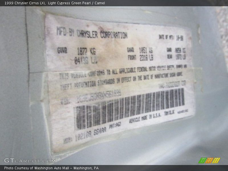 1999 Cirrus LXi Light Cypress Green Pearl Color Code PG2