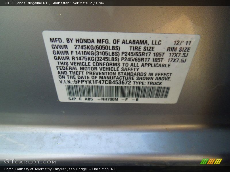 Alabaster Silver Metallic / Gray 2012 Honda Ridgeline RTS